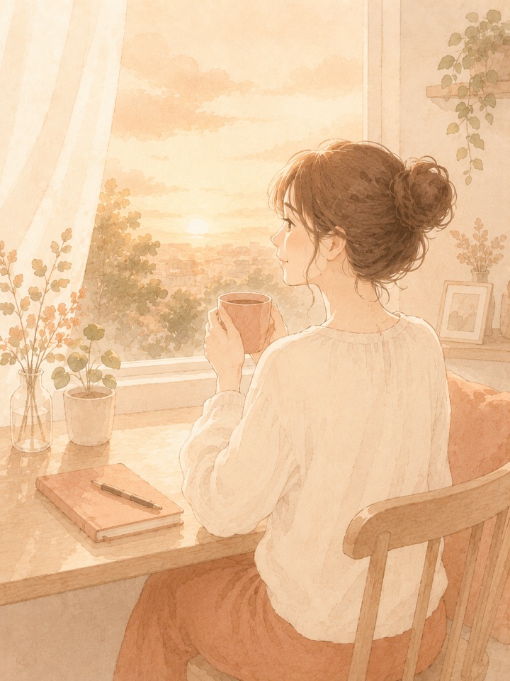 穏やかな夕暮れの中で未来を思い描く女性